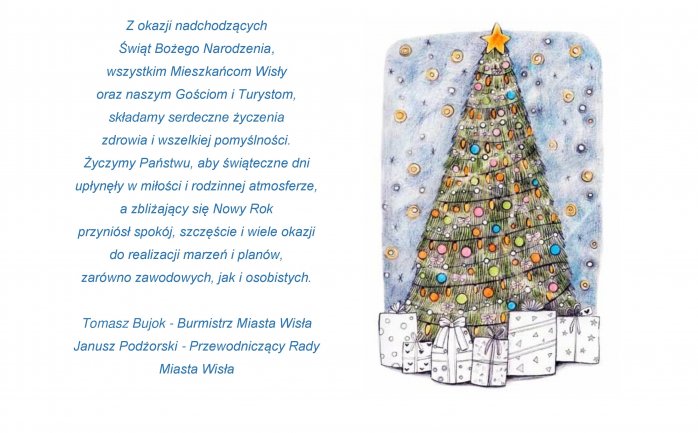 Życzenia świąteczne z rysunkiem choinki z prezentami